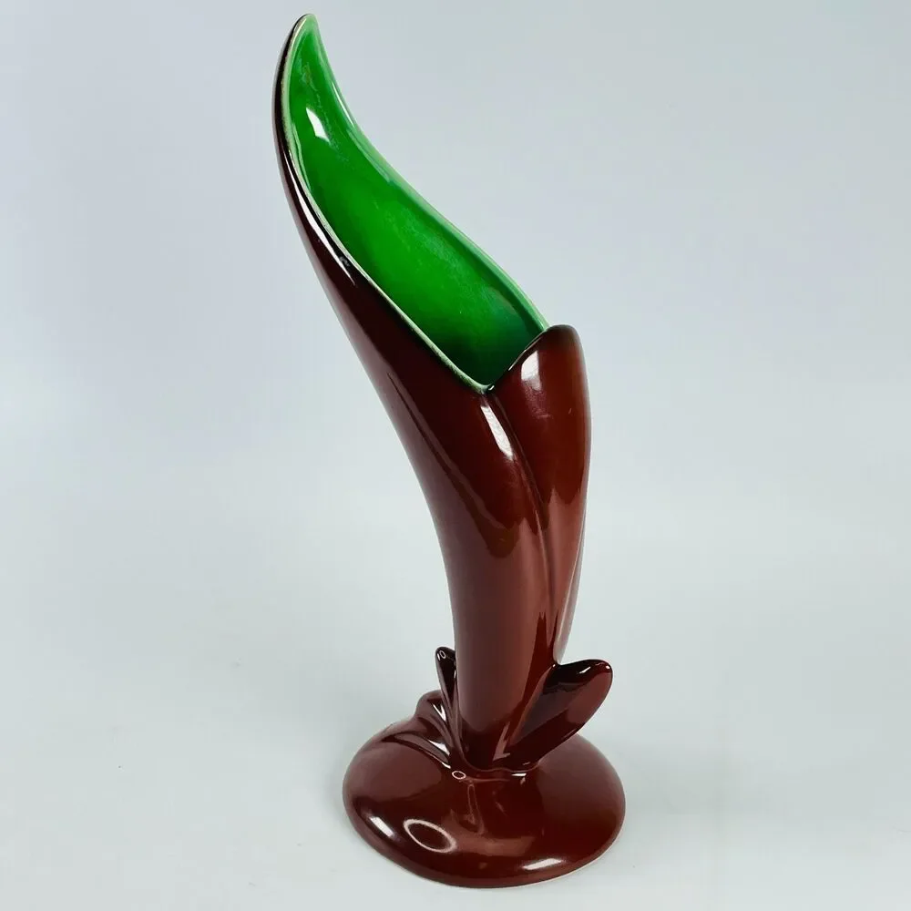 Vtg MCM Bird of Paradise Art Pottery Freeform Vase Brown Green 9